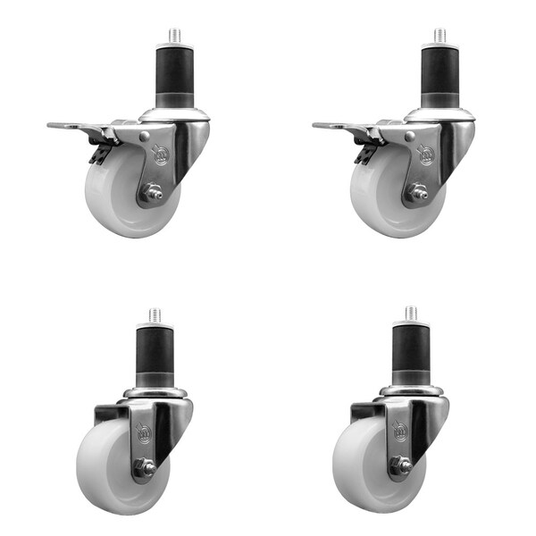 3'' Nylon Swivel 1-5/8'' Expanding Stem Caster Set 2 Total Lock Brakes, 4PK